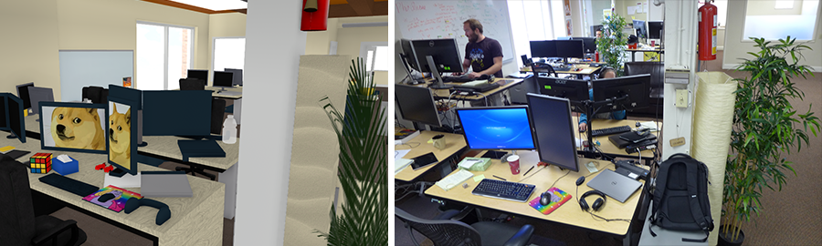 Virtual desk with objects alongside a photo of the same desk in real life